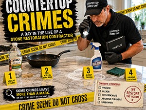 Infographic about countertop crimes showing a stone countertop contractor at a workbench with crime-scene tape and four numbered steps outlining offenses.